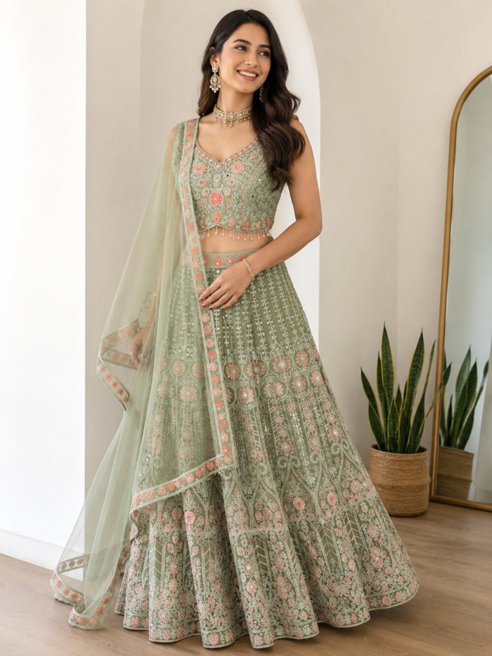 Sage Green Embroidered Lehenga Choli Set with Dupatta |Indian Wedding & Festivel